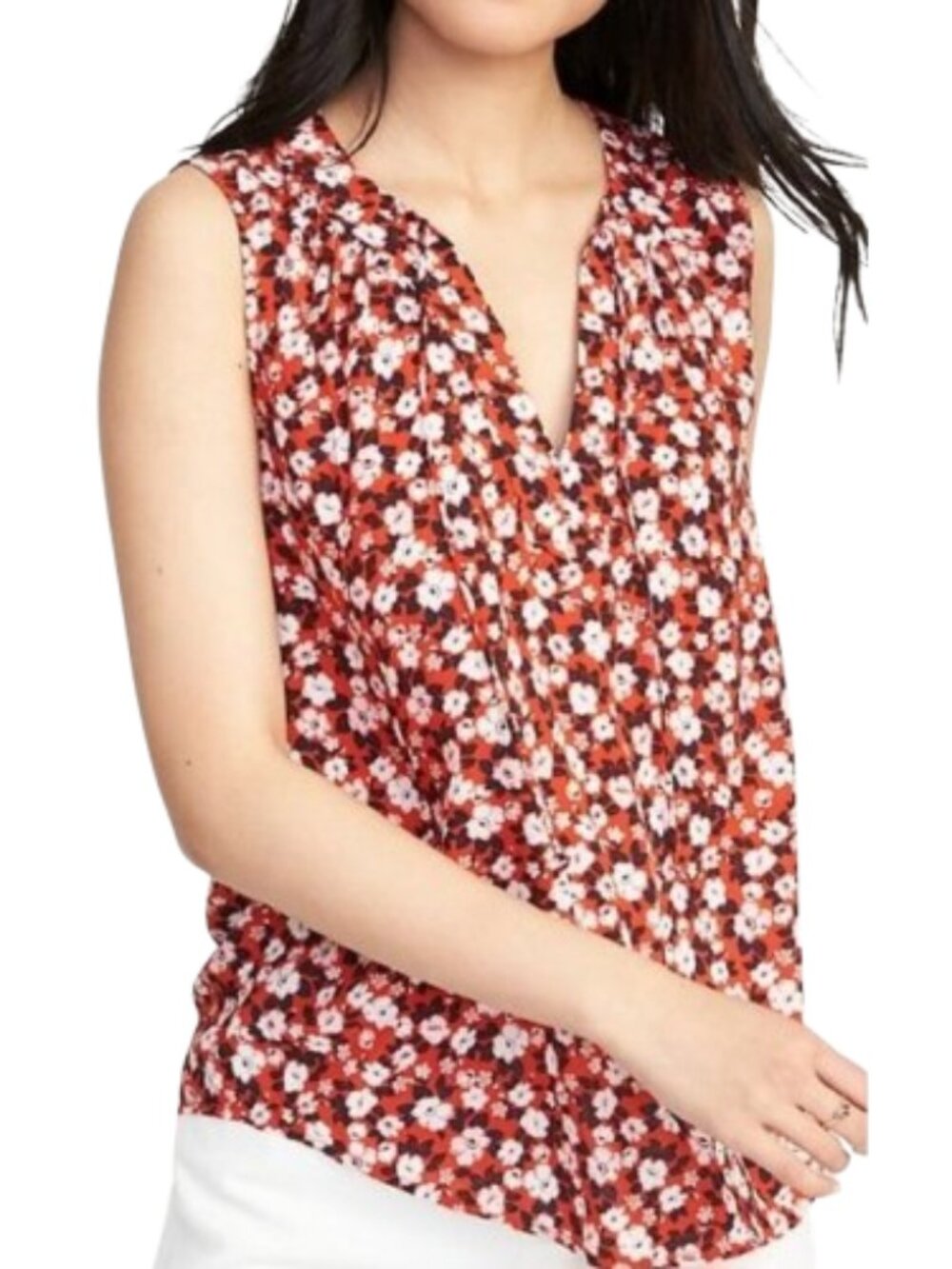 Old Navy Red Floral Print Blouse Relaxed Fit Sleeveless Boho 221690 Tie-Neck